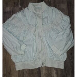 Vtg 80s Abraxas Women Crepe Pleated Windbreaker Jacket Large Blue Puff Sleeves